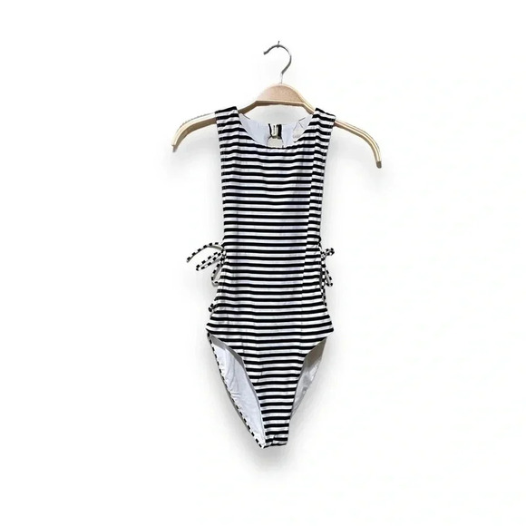 L*Space Laura Domino Black White Stripe Side Cut out Tie One Piece Swimsuit 4 - Picture 3 of 9